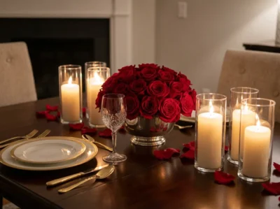 Table de Saint-Valentin dressée avec bougies et roses rouges pour repas romantique maison