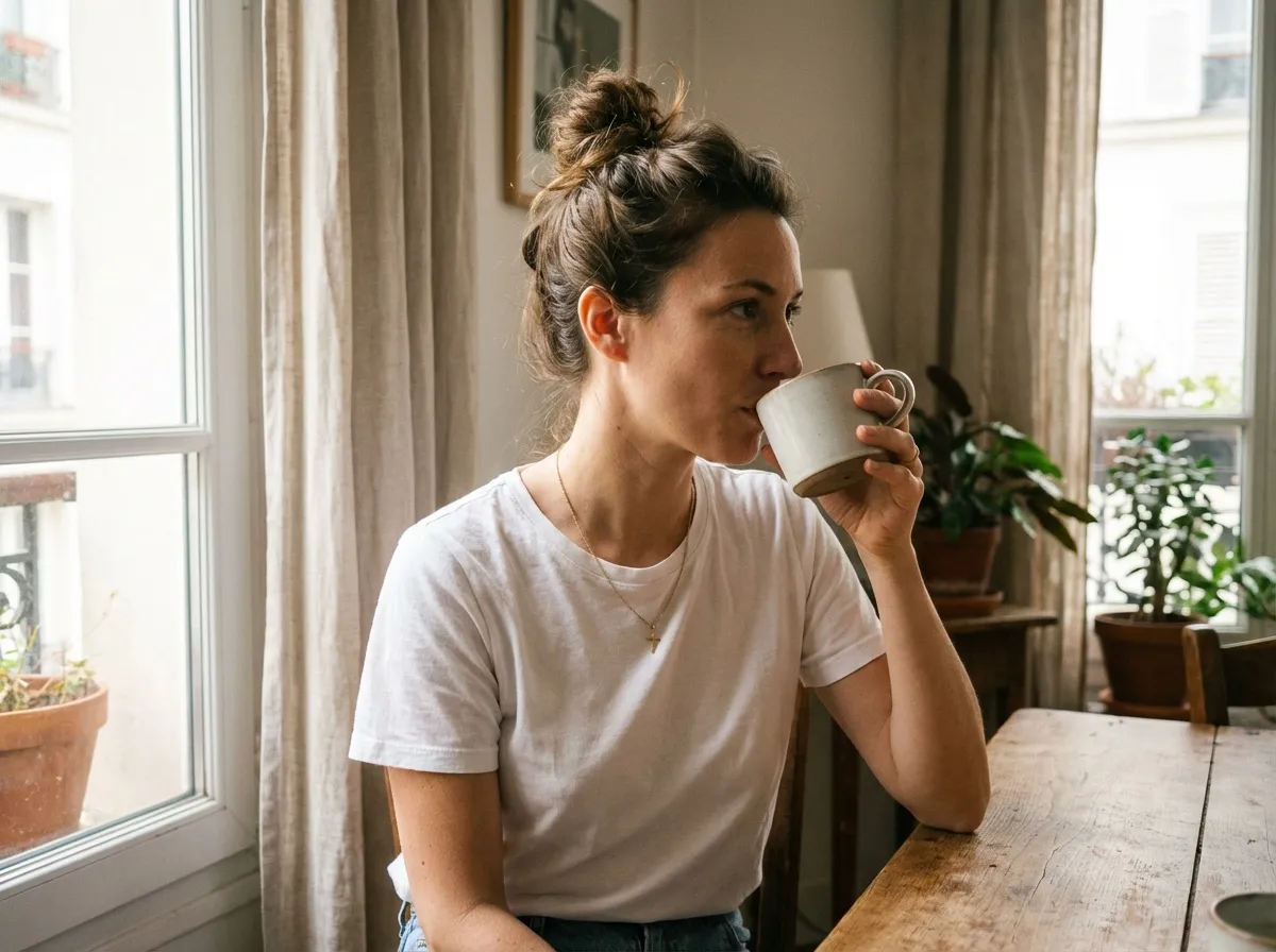 Femme porte medaille croix minimaliste en buvant un café chez elle