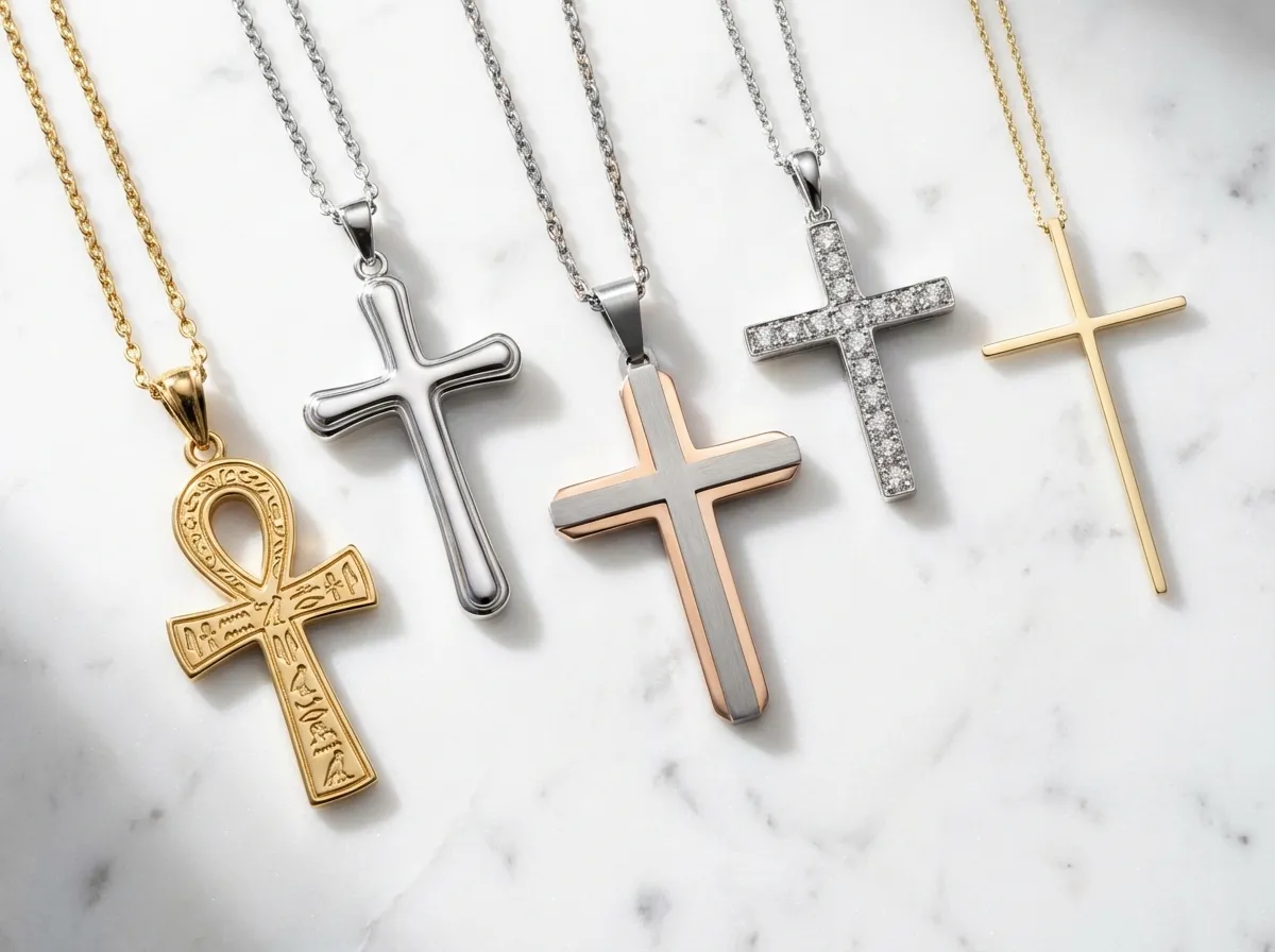 Comparatif de cinq types de médailles en croix pour femme : ankh égyptienne, latine classique, stylisée, sertie et minimaliste