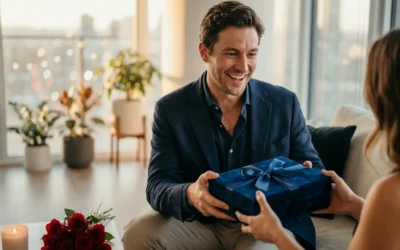 Homme recevant un cadeau Saint-Valentin avec sourire authentique dans appartement moderne