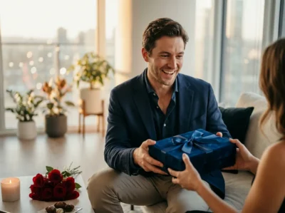 Homme recevant un cadeau Saint-Valentin avec sourire authentique dans appartement moderne