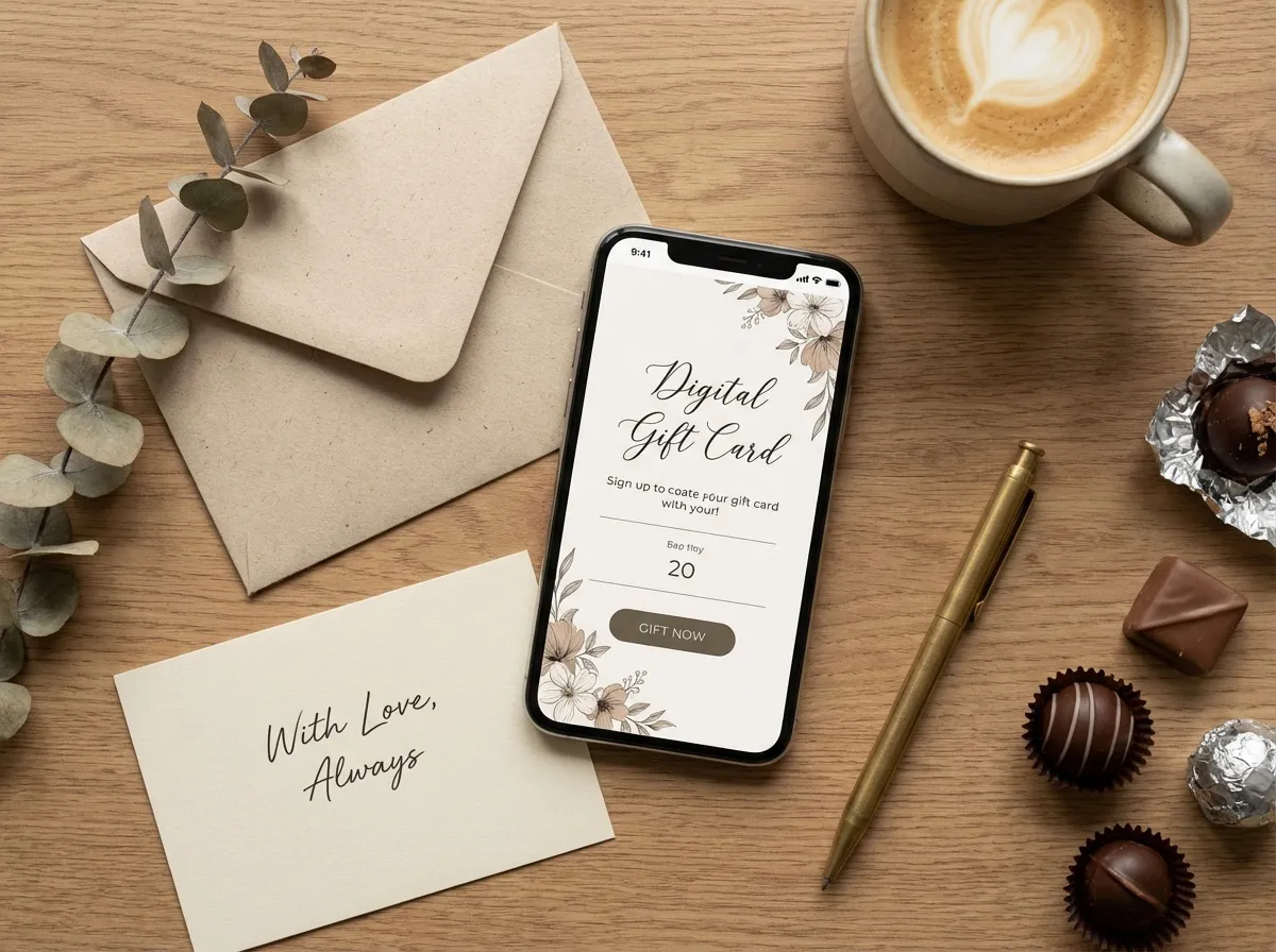 Smartphone avec carte cadeau digitale entouré d'enveloppe et mot manuscrit pour Saint-Valentin