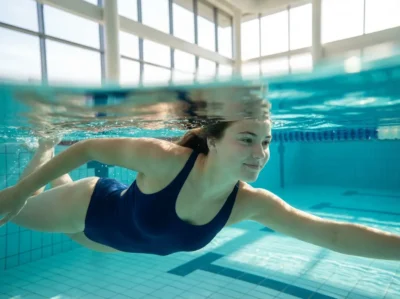 Femme nageant sereinement en piscine avec un maillot de bain menstruel