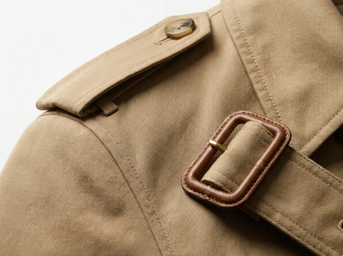 Détail texture gabardine manteau trench coat avec ceinture et épaulettes