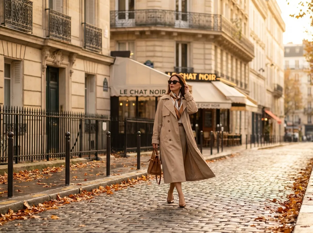 Femme élégante portant un trench coat beige classique en ville, manteau mi-saison intemporel