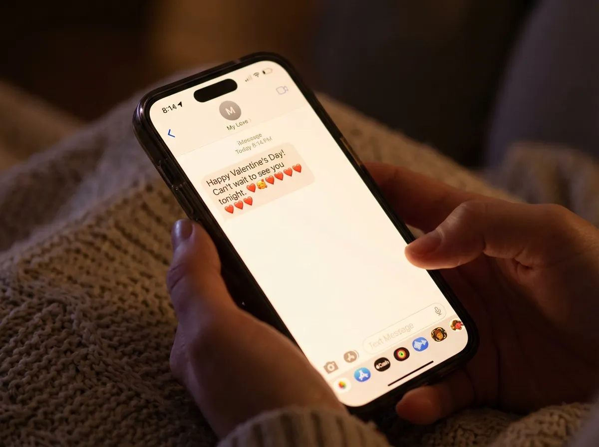 Téléphone affichant message de Saint-Valentin romantique par SMS avec emojis cœur