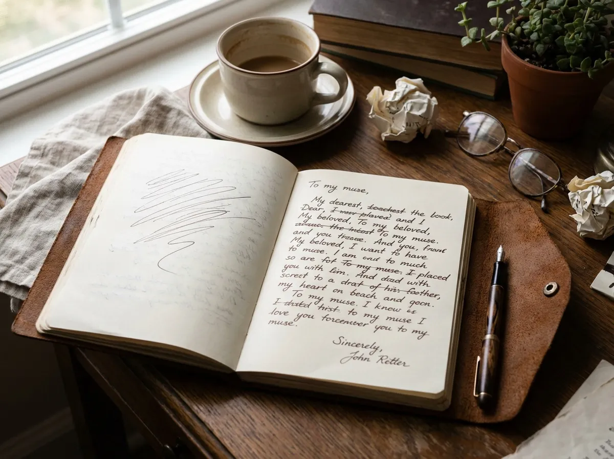 Carnet ouvert avec brouillon de message Saint-Valentin et mots raturés montrant processus créatif