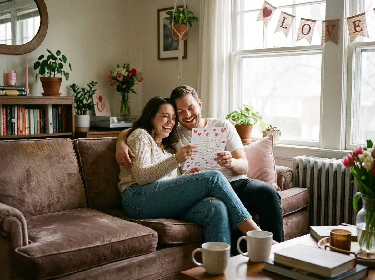 Couple heureux lisant ensemble message d'amour pour Saint-Valentin dans ambiance complice