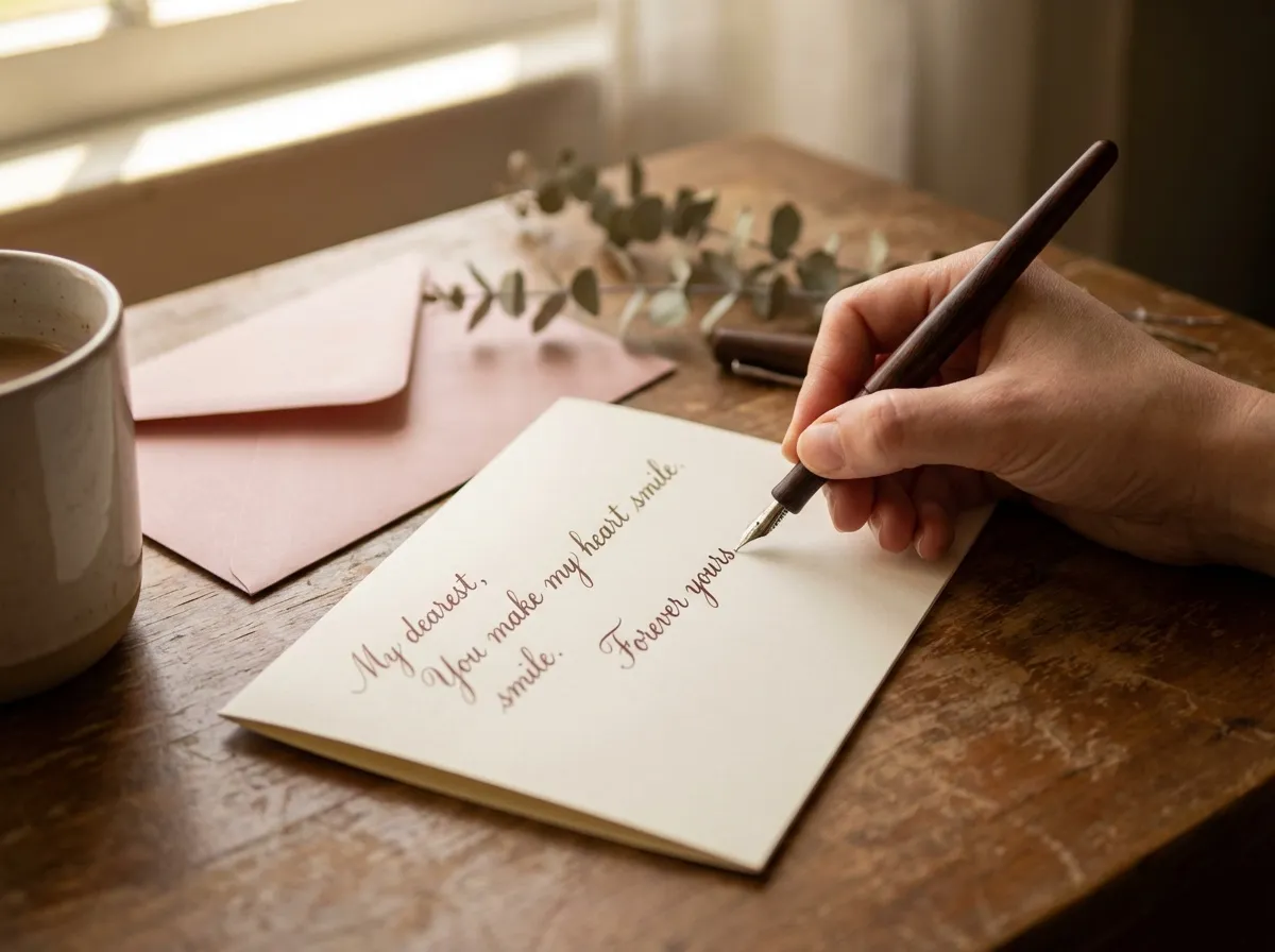 Main féminine rédigeant une belle carte de Saint-Valentin
