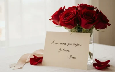 Carte de Saint-Valentin avec message manuscrit accompagnée de roses rouges