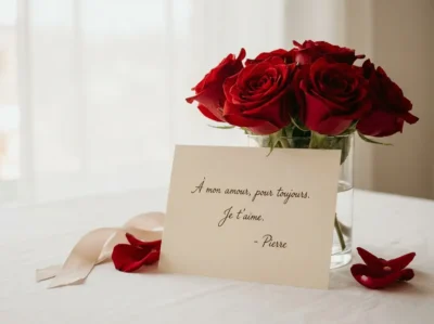 Carte de Saint-Valentin avec message manuscrit accompagnée de roses rouges