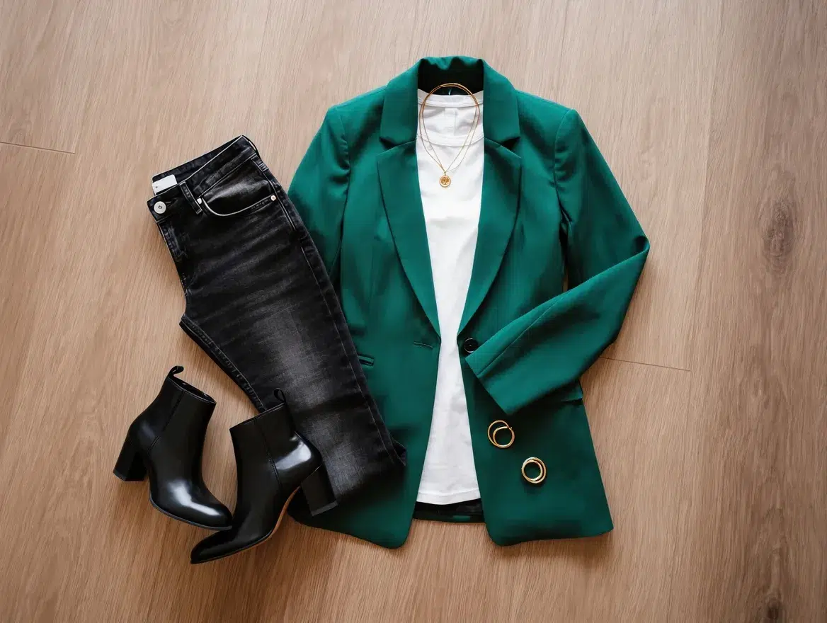 Composition flat lay tenue femme 50 ans, blazer émeraude, jean slim et bottines, style moderne équilibré