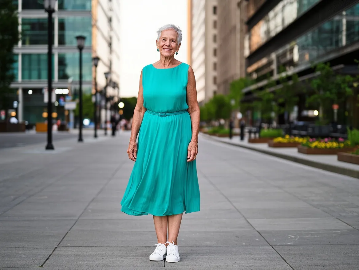 Silhouette féminine senior portant une robe midi couleur émeraude avec baskets blanches, style urbain décontracté, lumière dorée