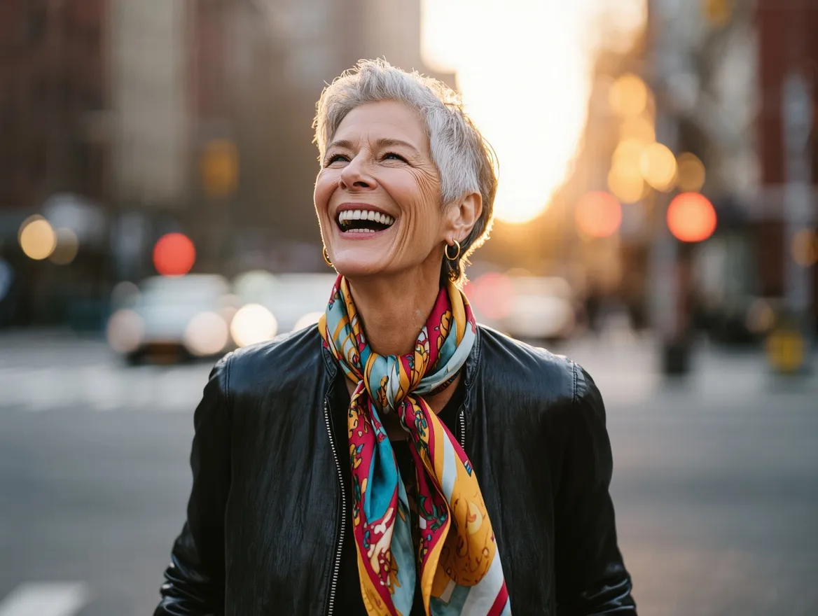 Femme senior de 58 ans riant naturellement, foulard imprimé coloré et veste cuir, attitude confiante en extérieur