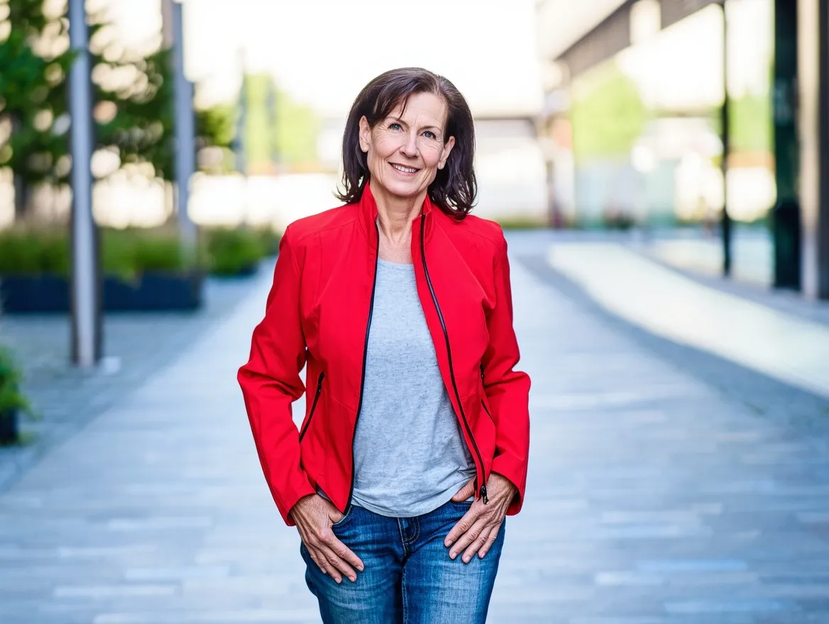 Femme de 55 ans portant une veste rouge vif et un jean brut, photographiée en lumière naturelle urbaine, style affirmé et moderne
