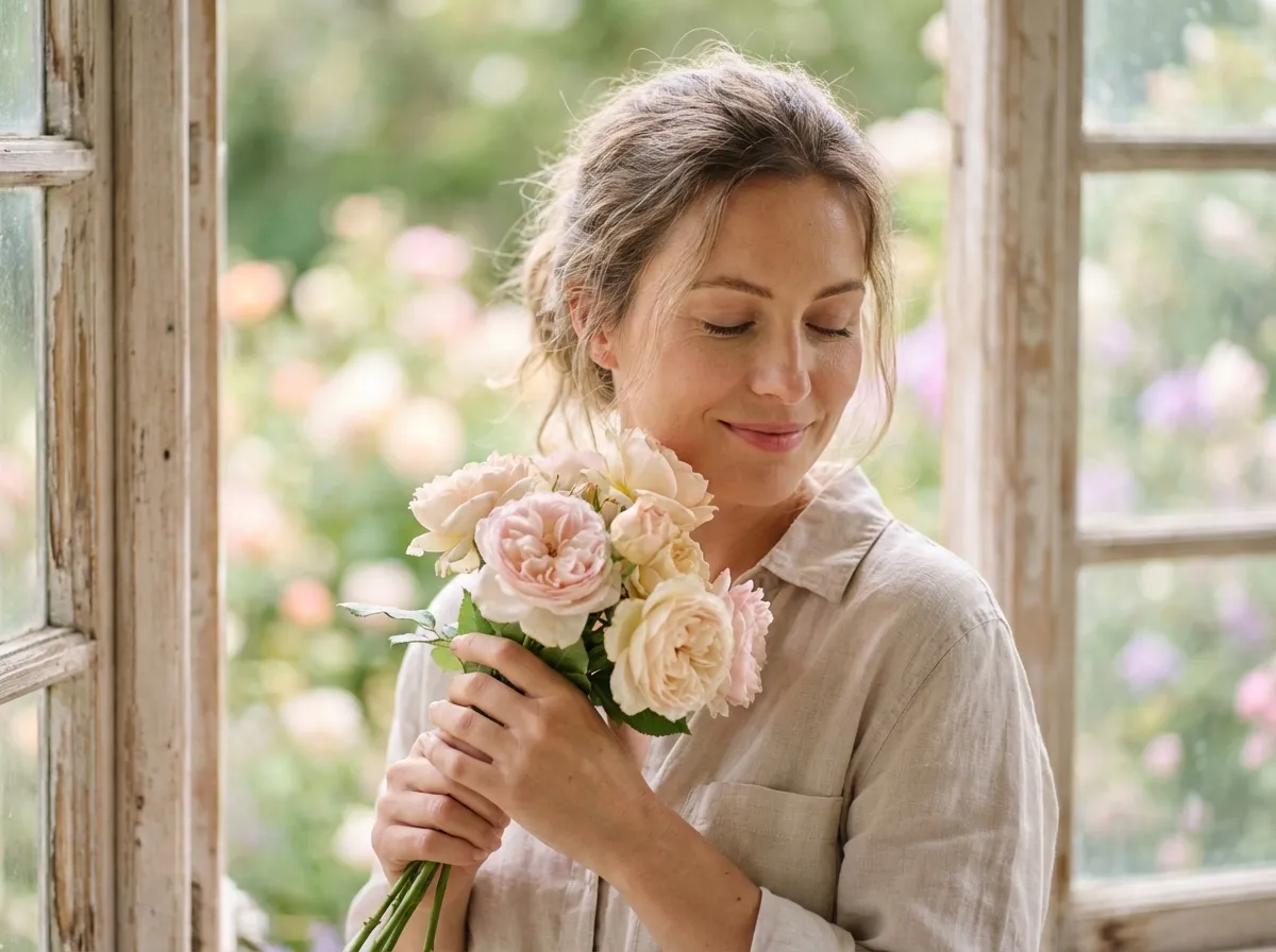 Femme les yeux fermés sentant des roses fraîches dans une lumière naturelle douce