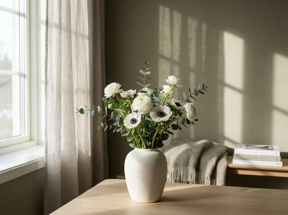 Fleurs de saison dans vase céramique minimaliste, renoncules blanches et anémones, intérieur scandinave