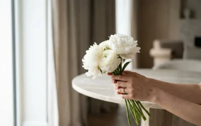 Bouquet de fleurs élégant tenu par des mains féminines dans un intérieur luxueux avec lumière naturelle