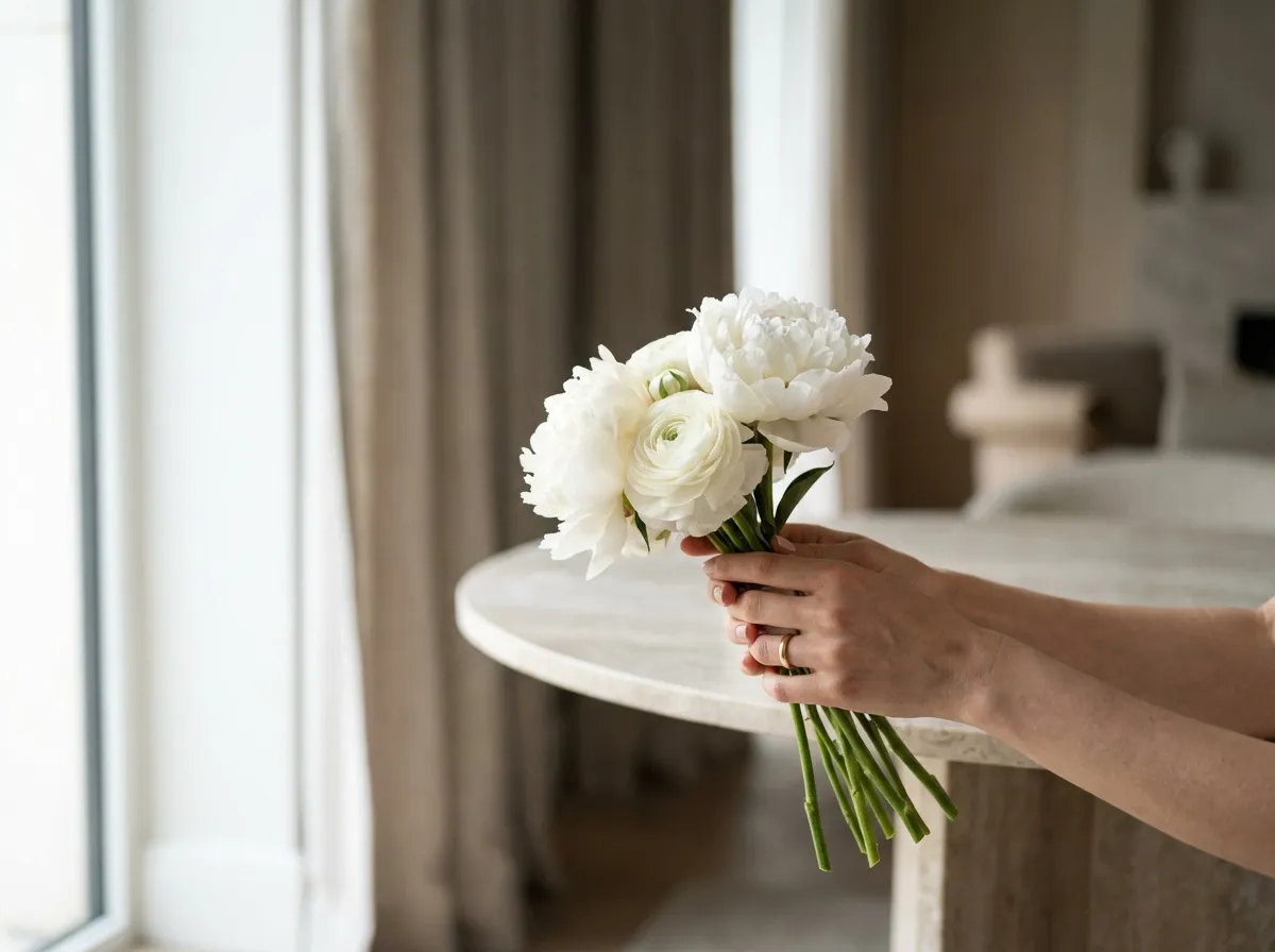 offrir-fleurs-femme (5) Bouquet de fleurs élégant tenu par des mains féminines dans un intérieur luxueux avec lumière naturelle