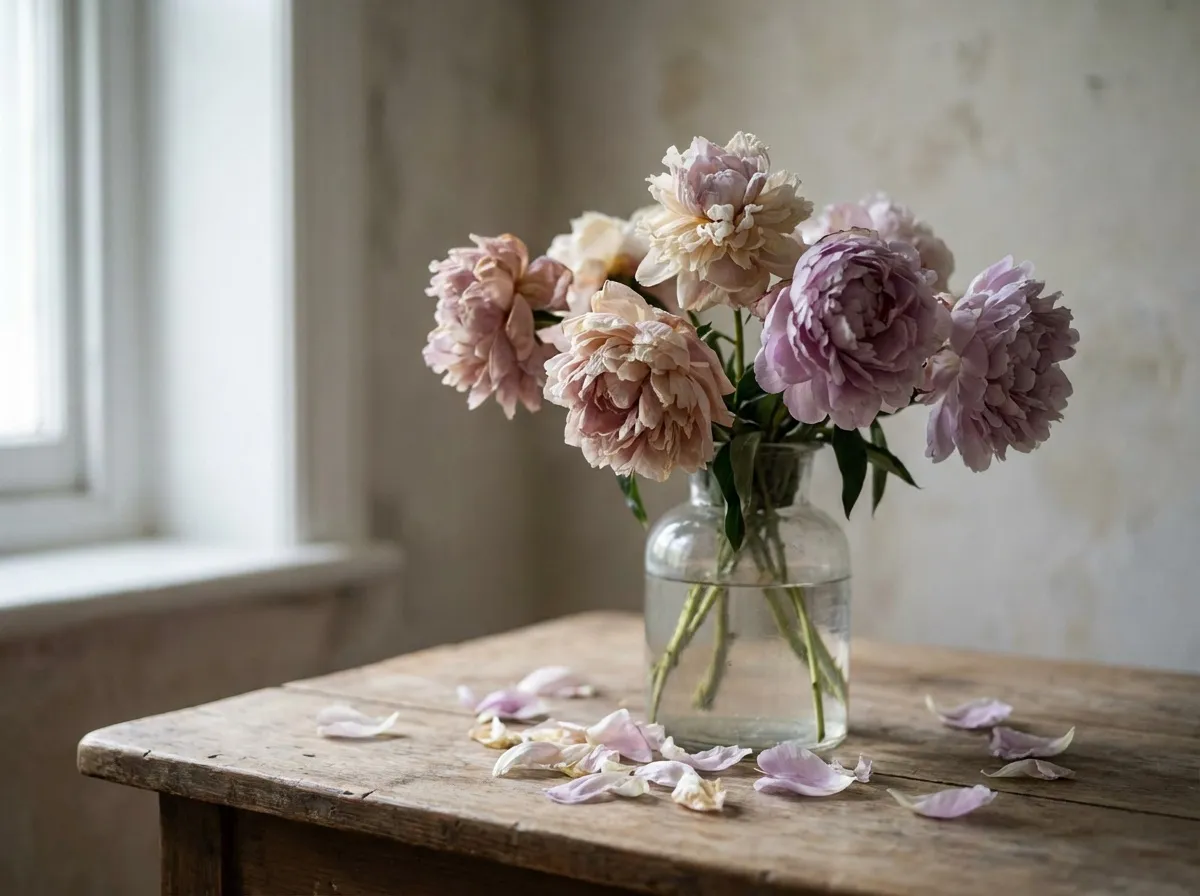 Pivoines fanées dans vase transparent avec pétales tombés, photographie artistique de la beauté éphémère