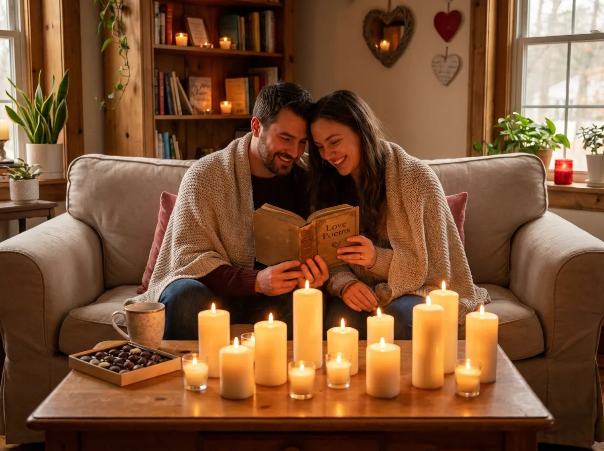Couple lisant des poèmes à la lueur des bougies Saint-Valentin
