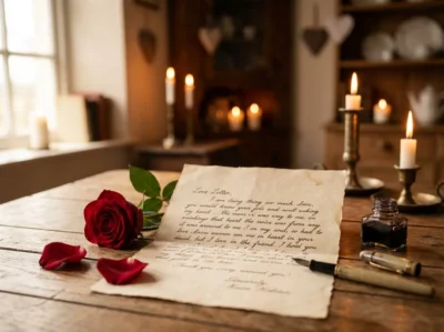 Lettre d'amour manuscrite avec rose rouge pour la Saint-Valentin
