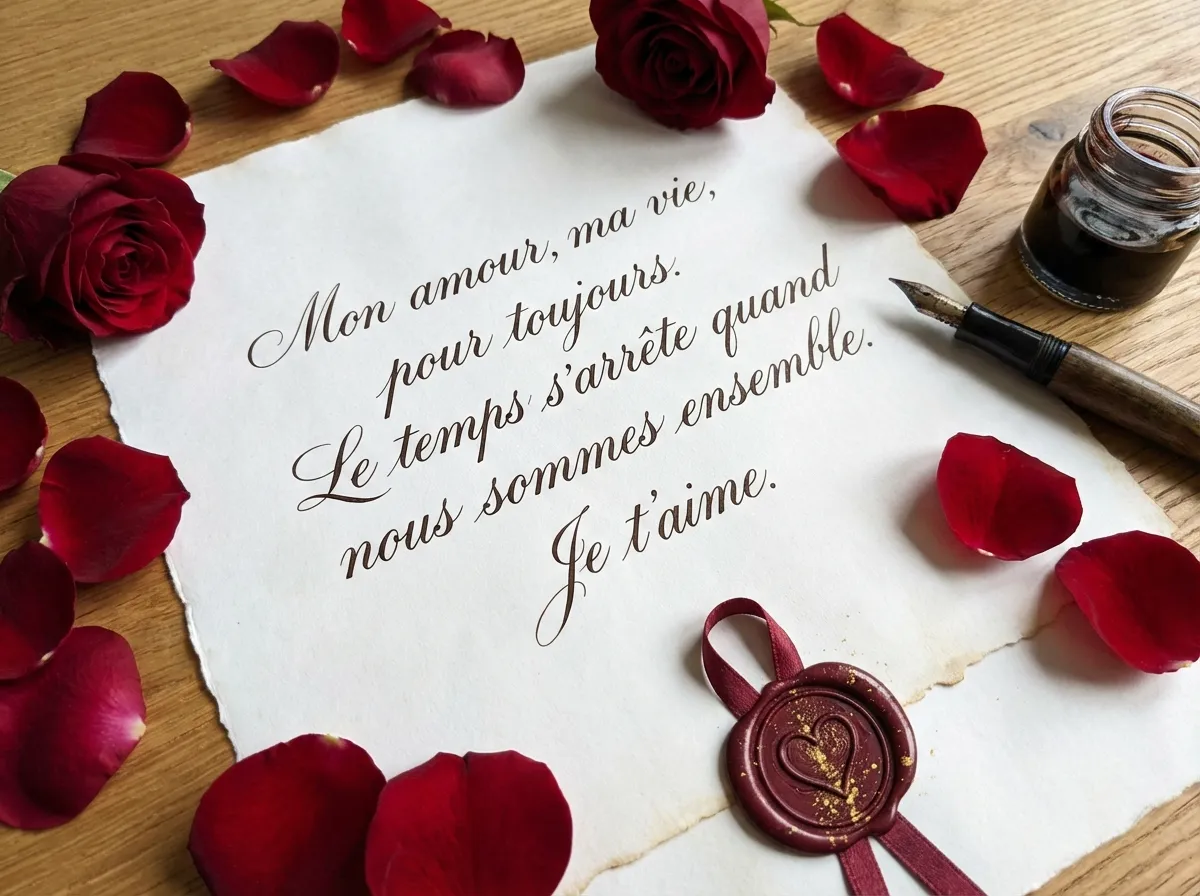 Poème calligraphié avec roses rouges Saint-Valentin