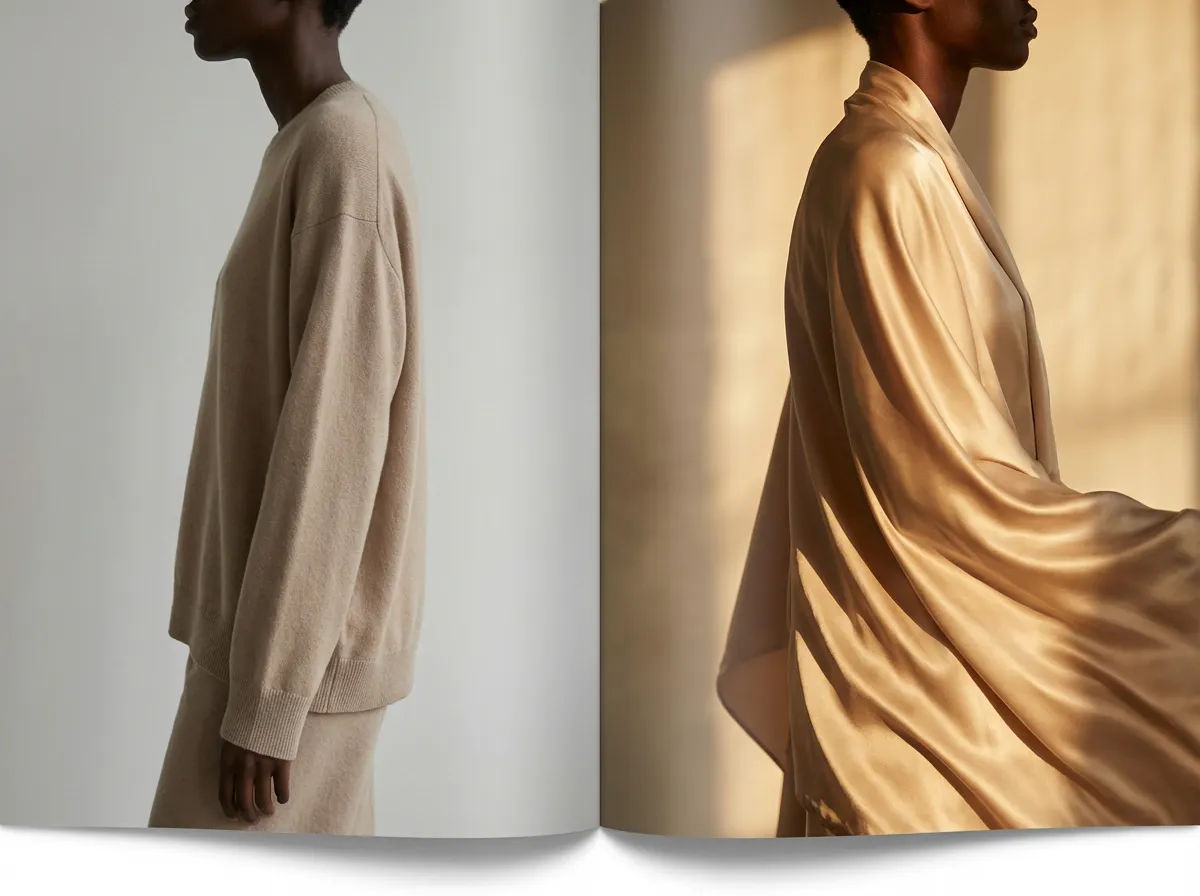 Comparaison visuelle entre le Quiet Luxury en cachemire beige mat et le Quiet Glamour en satin champagne lumineux, deux esthétiques mode opposées