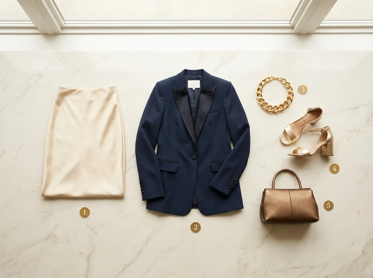 Flat lay des 5 pièces clés du Quiet Glamour : jupe satin champagne, blazer à revers satiné, collier sculptural doré, sandales dorées à talon bloc et
sac cuir métallisé sur fond marbre