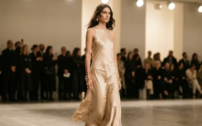 Mannequin portant une robe midi en satin champagne et des bijoux dorés sculpturaux sur un podium de la Fashion Week de Milan, février 2026