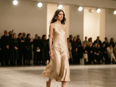 Mannequin portant une robe midi en satin champagne et des bijoux dorés sculpturaux sur un podium de la Fashion Week de Milan, février 2026