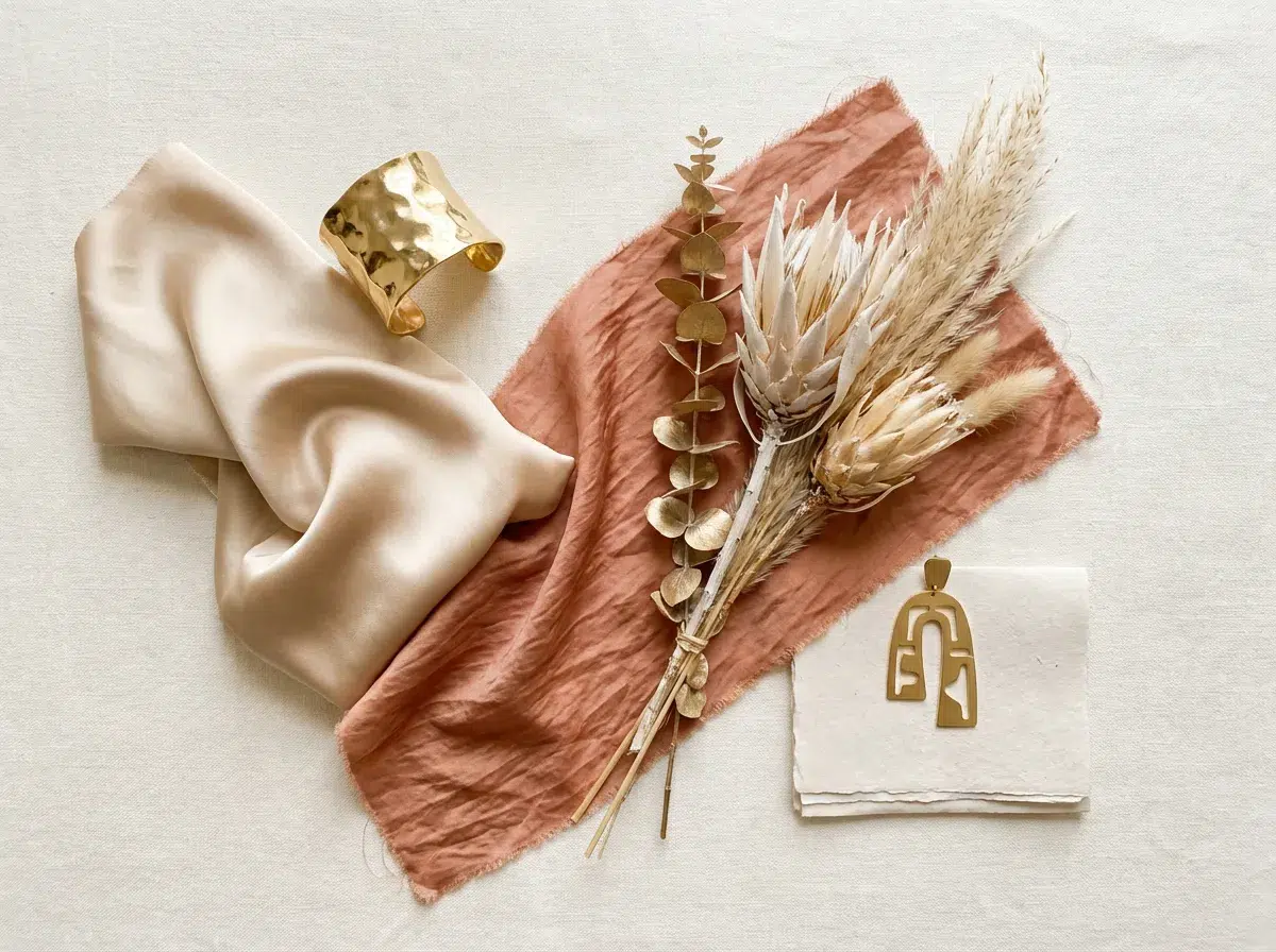 Mood board Quiet Glamour avec satin champagne, bijou sculptural doré, soie cuivrée et boucle d'oreille architecturale sur fond lin crème