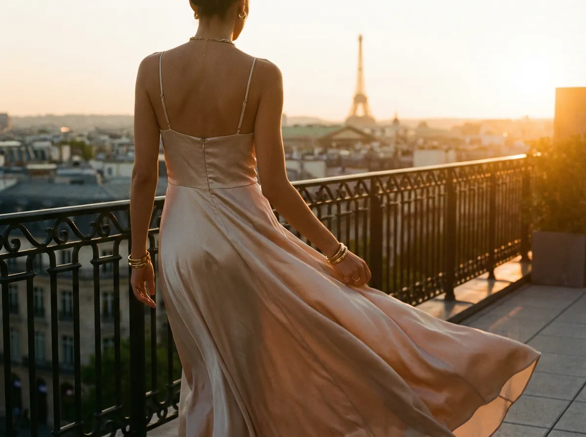 Femme de dos en robe satin champagne au coucher du soleil sur une terrasse parisienne, lumière dorée sur le tissu, ambiance mode éditoriale aspirationnelle