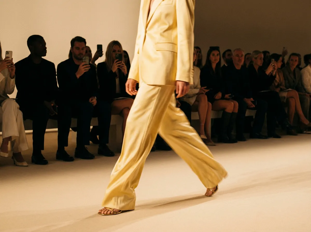 Mannequin en tailleur satin beurre et sandales dorées structurées sur le podium d'un défilé de la Fashion Week de Milan, février 2026
