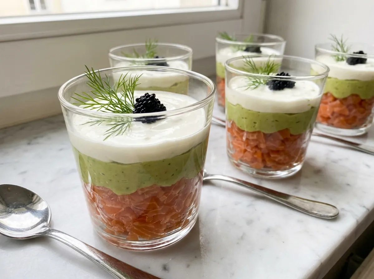 Verrines saumon fumé et avocat dressées pour entrée de Saint-Valentin facile et élégante