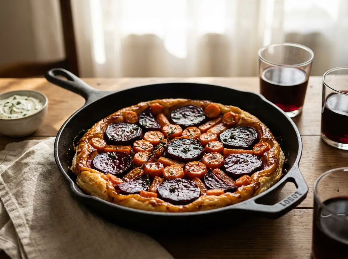 Tarte tatin de légumes racines caramélisés pour menu végétarien de Saint-Valentin original