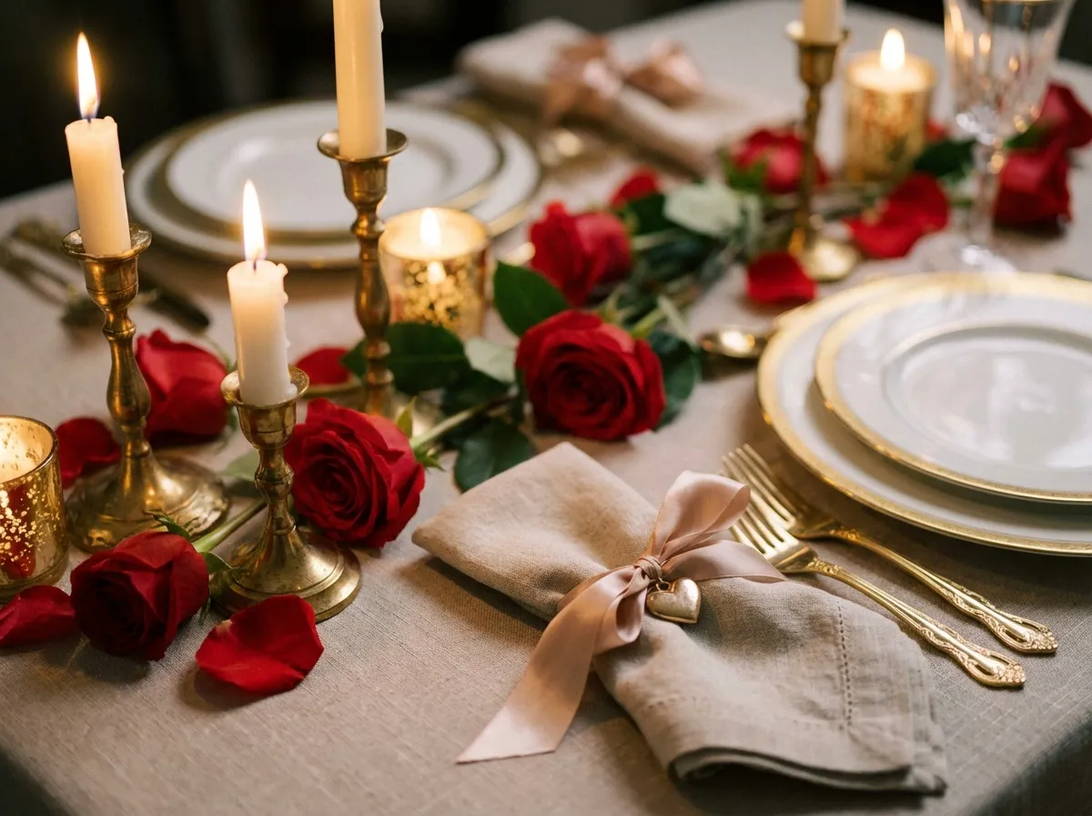Détail de décoration de table Saint-Valentin avec bougies et roses pour ambiance romantique