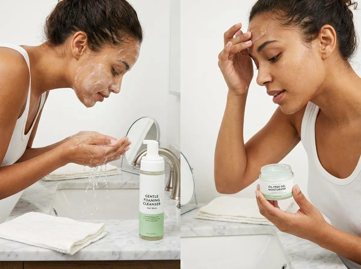 Routine soin visage pour peau grasse avec nettoyant doux et crème hydratante légère