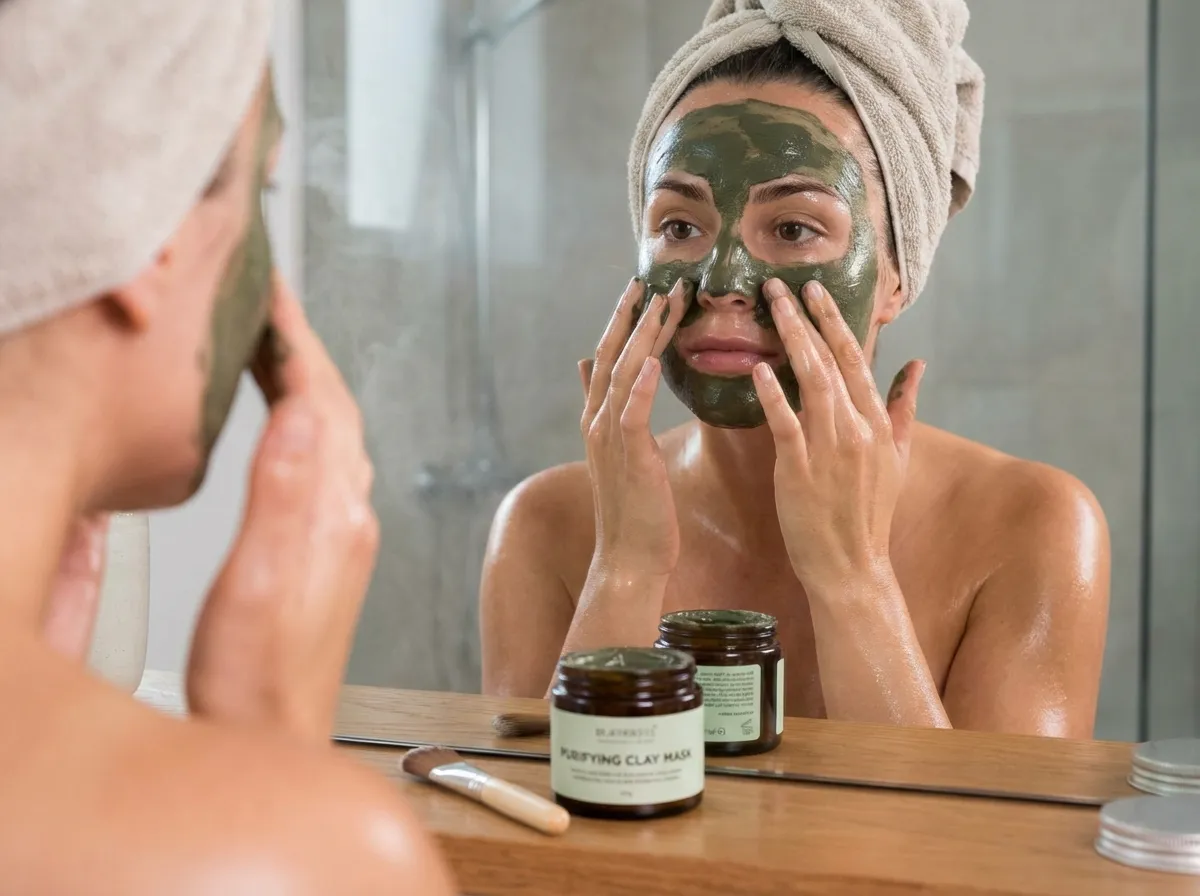 Femme appliquant un masque purifiant à l'argile verte sur peau grasse