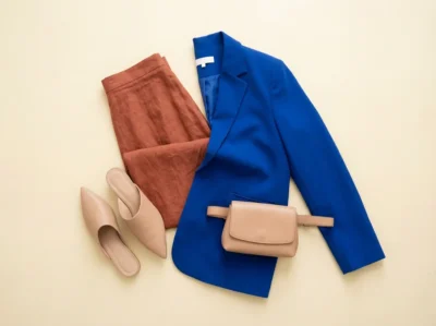 Flat lay tendances mode printemps-été : jupe lin terracotta, blazer bleu Klein, mule pointue nude