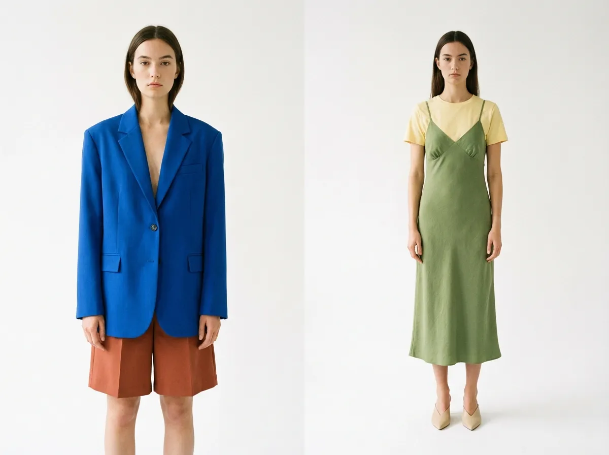 Associations couleurs mode printemps-été : bleu Klein et terracotta, vert amande et beurre