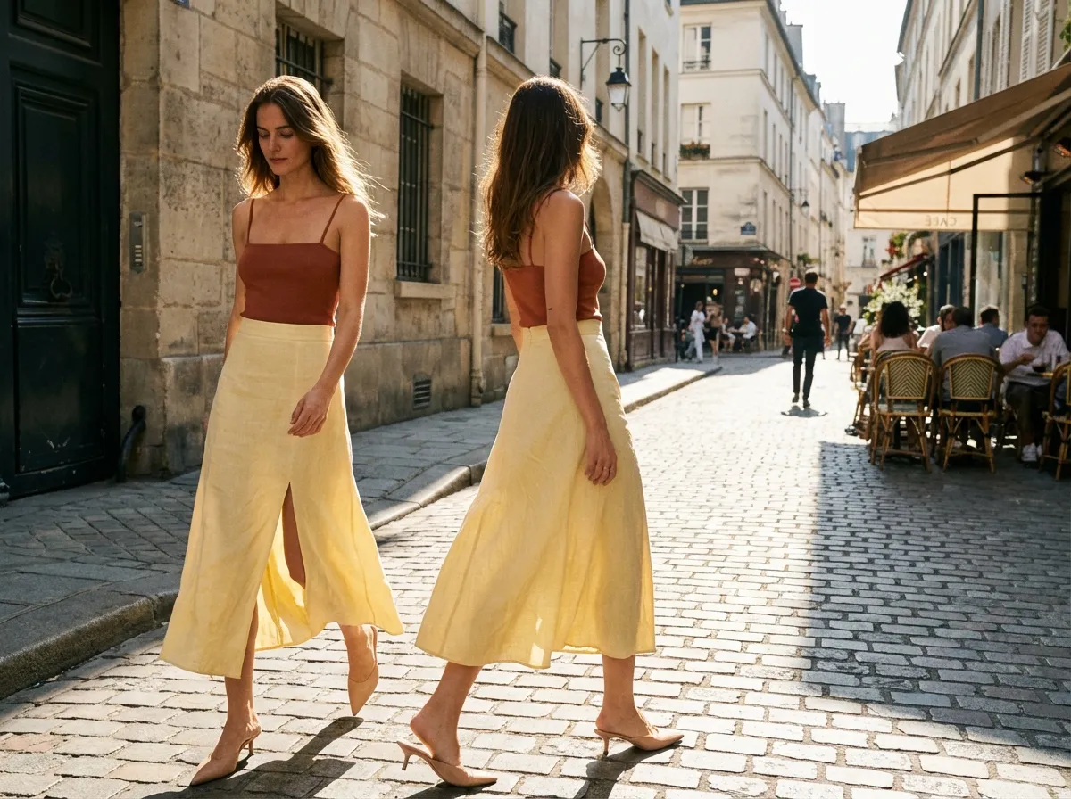 Tenue tendance printemps-été : jupe longue lin beurre fendue et top bretelles terracotta
