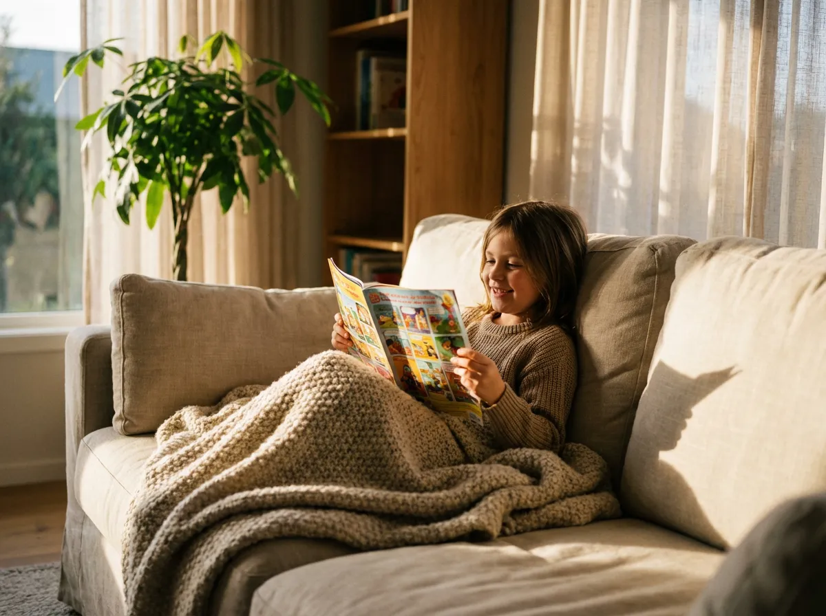 Enfant allongé sur le canapé qui lit un magazine jeunesse - rituel lecture sans écran