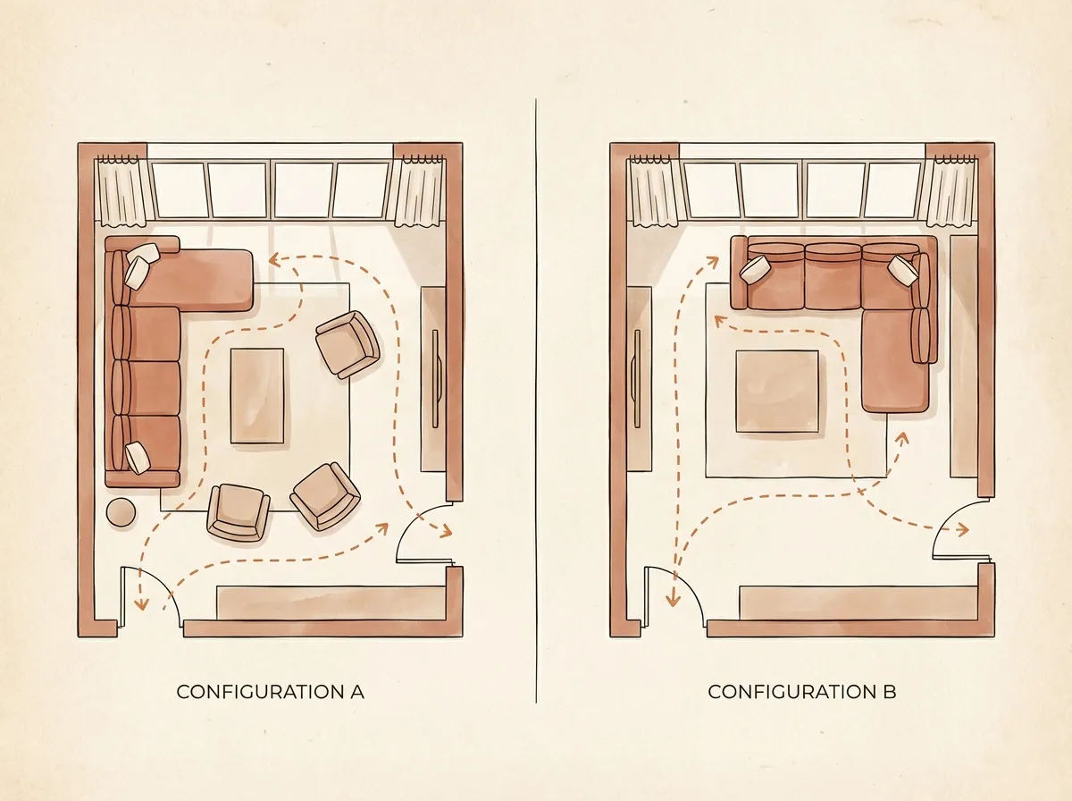 Schéma vue aérienne comparant deux configurations d'un canapé d'angle : méridienne à gauche versus méridienne à droite avec flux de circulation et position des fenêtres indiqués