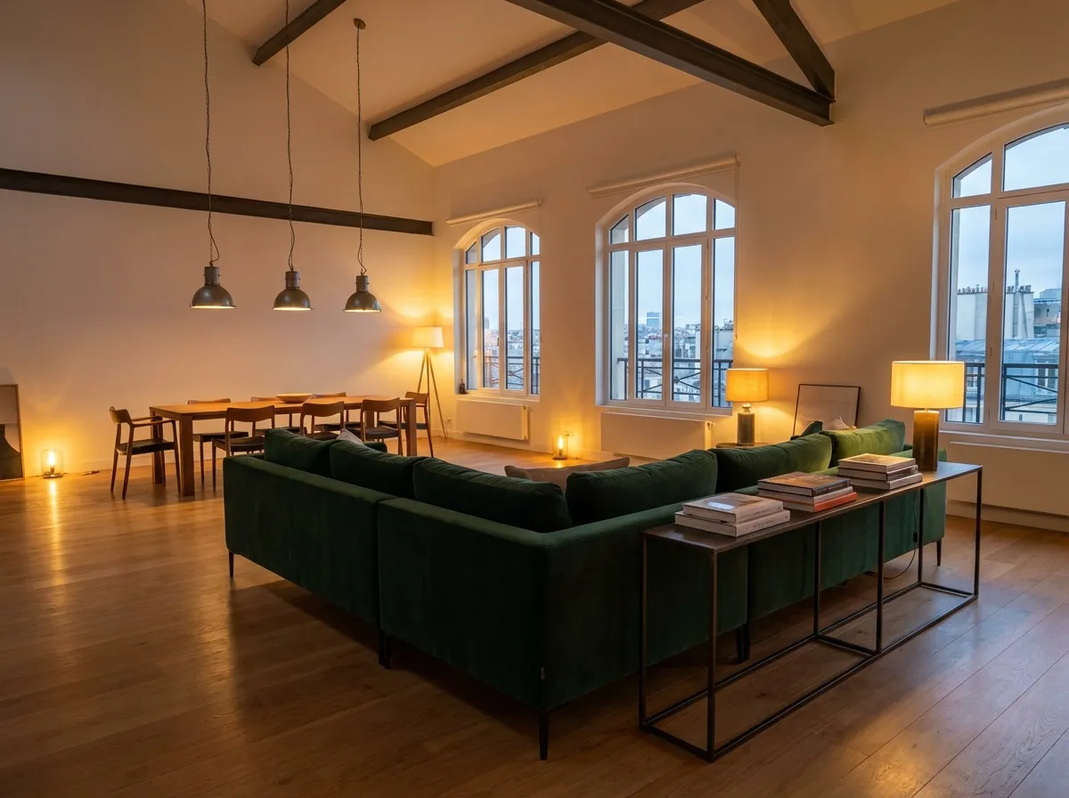 Grand salon en open plan où un canapé d'angle vert forêt sert de séparateur naturel entre la zone canapé et la zone salle à manger, avec une console slim derrière le dossier et une lampe posée dessus