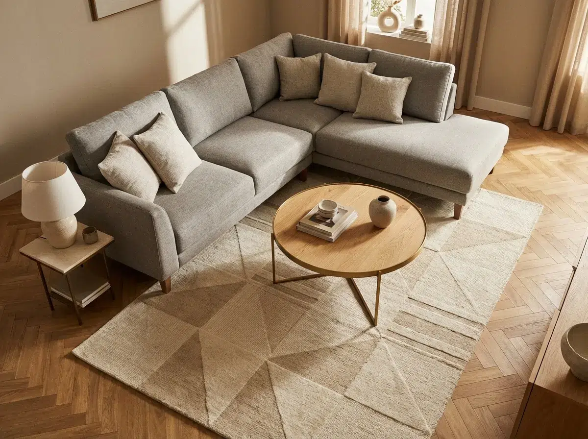 Vue plongeante sur un canapé d'angle gris pierre avec ses quatre pieds posés sur un grand tapis géométrique crème et sable, table basse ronde en chêne et laiton au centre, parquet en chevrons visible en dehors du tapis délimitant clairement la zone salon