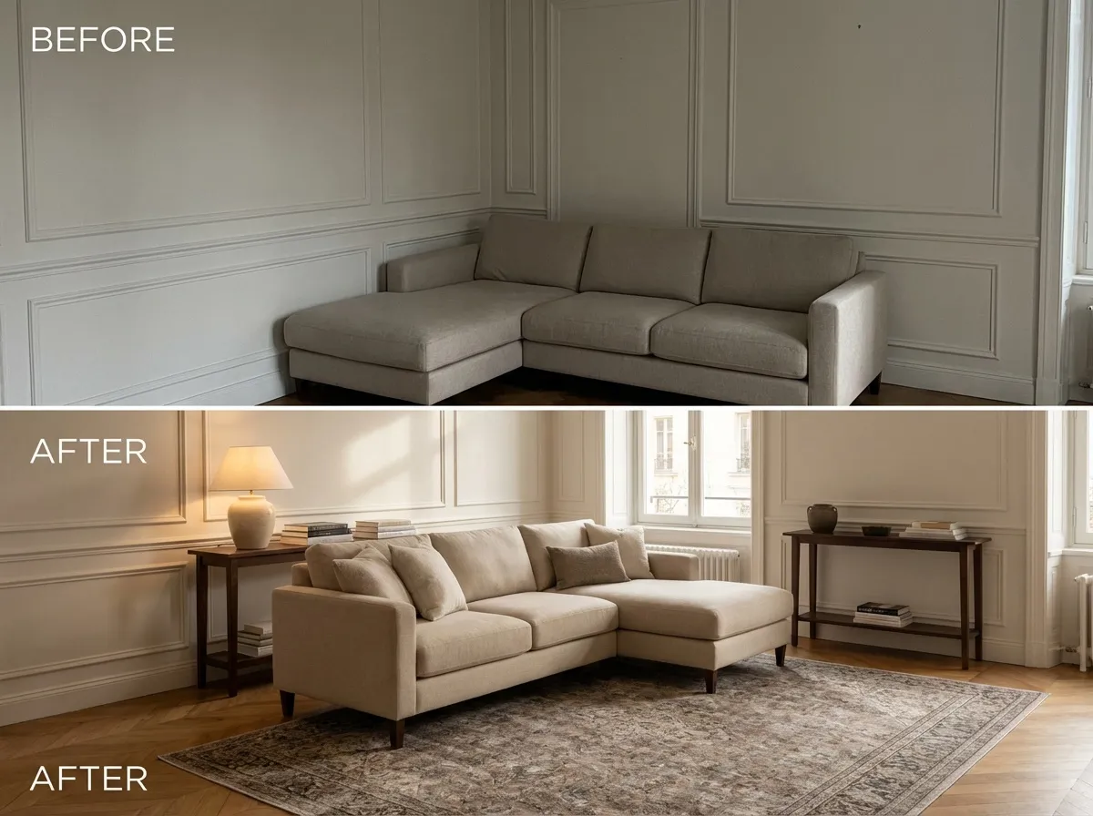 Comparaison avant-après d'un salon avec canapé d'angle collé aux murs versus canapé flottant à 30 cm avec tapis d'ancrage et console derrière le dossier : l'effet visuel est immédiat