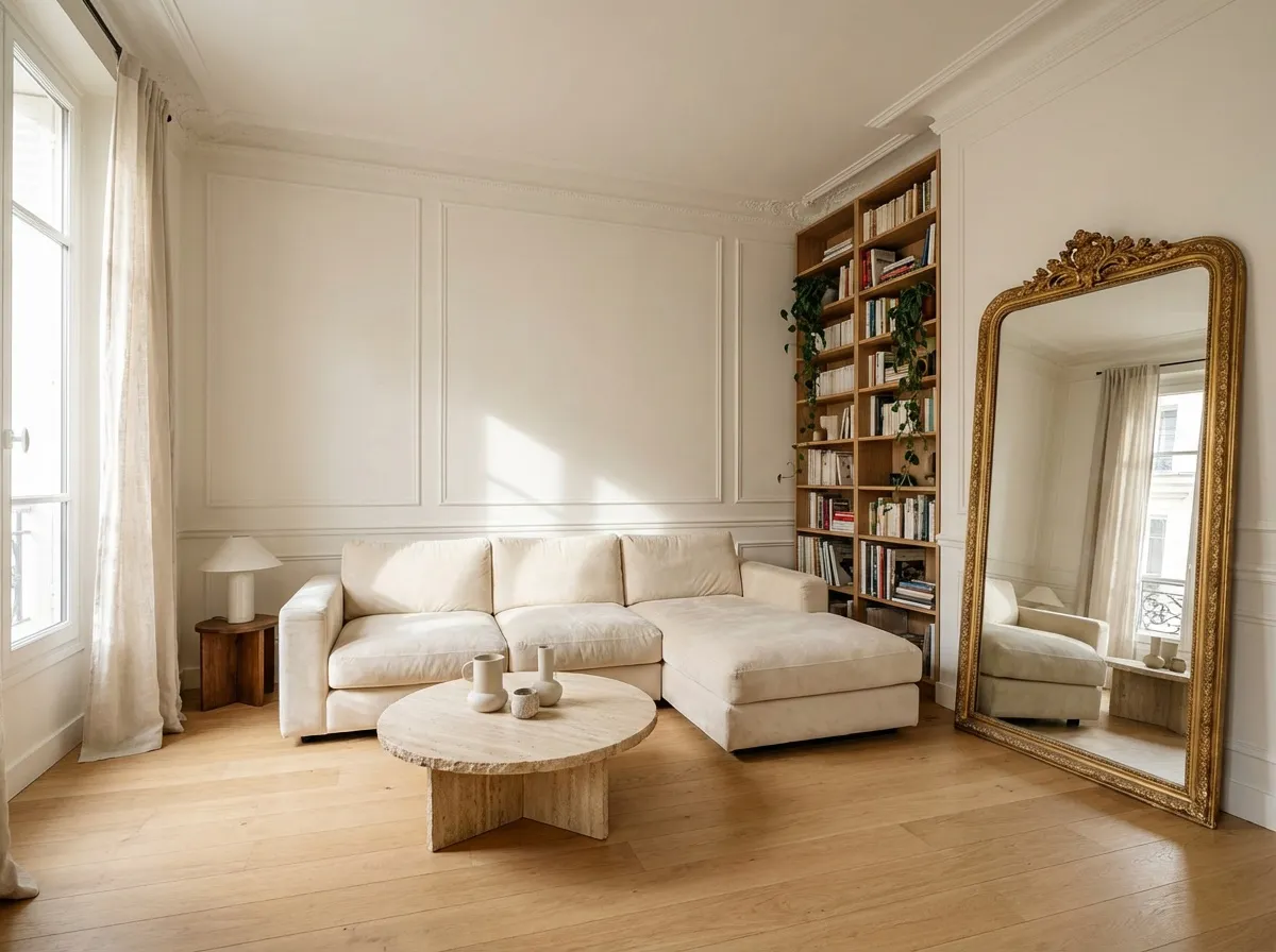 Petit salon de moins de 25 m² optimisé avec canapé d'angle crème compact décollé des murs, table basse ronde en travertin et grand miroir mural pour agrandir visuellement l'espace