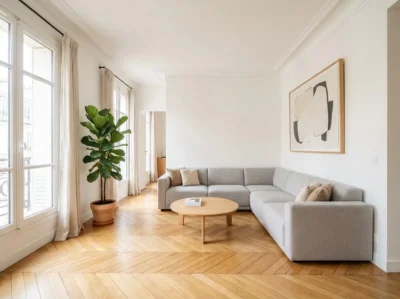 Canapé d'angle gris clair parfaitement intégré dans un petit salon parisien lumineux avec parquet en chevrons chêne et grande fenêtre, agencement optimisé sans perte de place