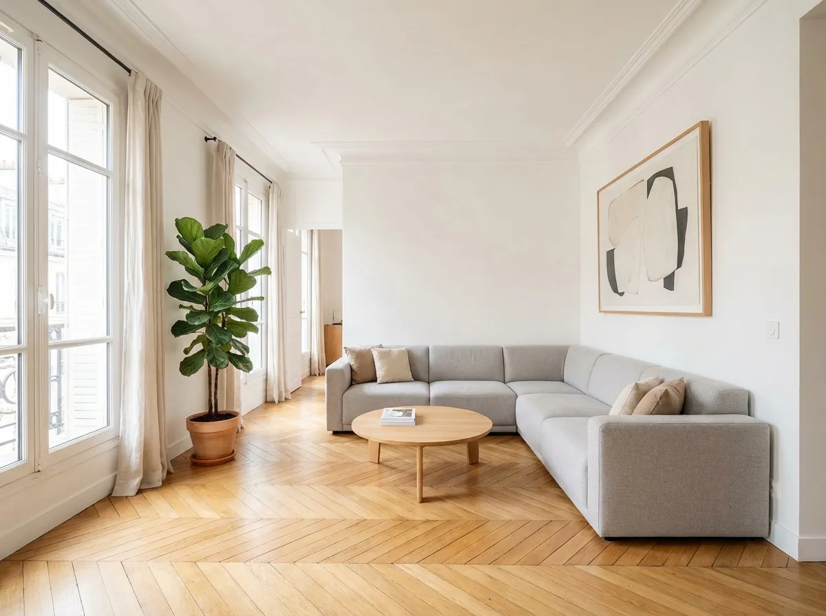 Canapé d'angle gris clair parfaitement intégré dans un petit salon parisien lumineux avec parquet en chevrons chêne et grande fenêtre, agencement optimisé sans perte de place